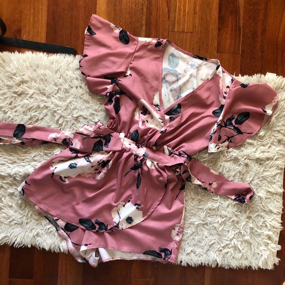 SHEIN: Pink floral wrap romper
